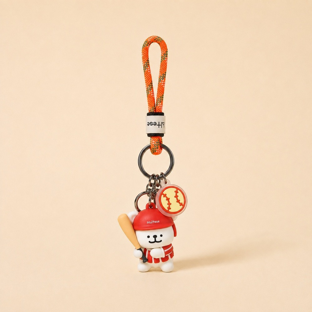 Maltese LINE Dog Baseball Keychain Bag Charm Orange Rope New With Tag